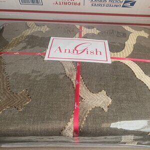 $1,863! NWT Ann Gish Scallop Embroidery Linen Grey Gold QUEEN Duvet Cover ONLY